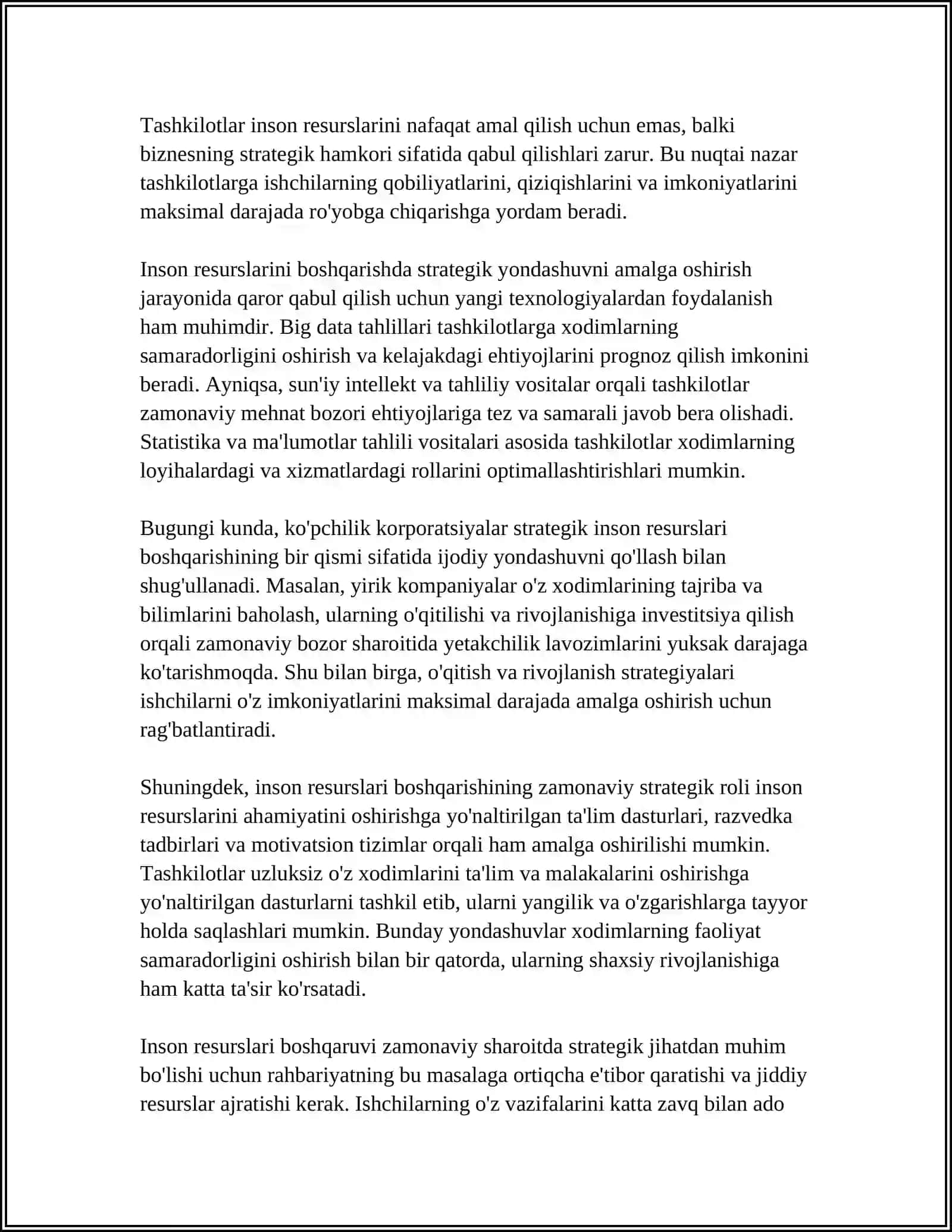 ZAMONAVIY SHAROITDA INSON RESURSLARINI BOSHQARISHDA TUTGAN OʻRNI VA STRATEGIYASI 4