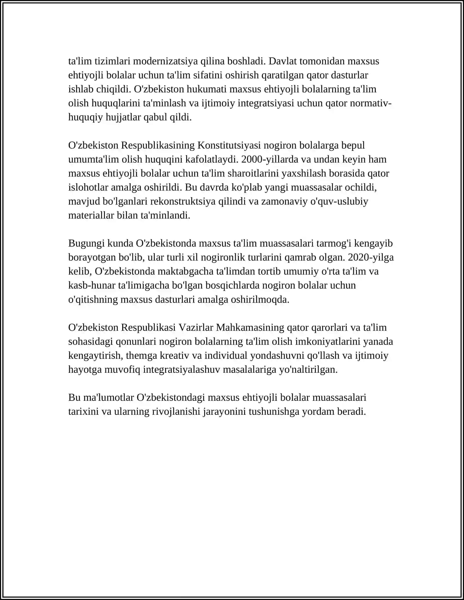 OʻZBEKISTONDA ALOHIDA YORDAMGA MUXTOJ BOLALAR UCHUN TASHKIL ETILGAN MUASSASALAR VA ULARNING FAOLIYATI 4