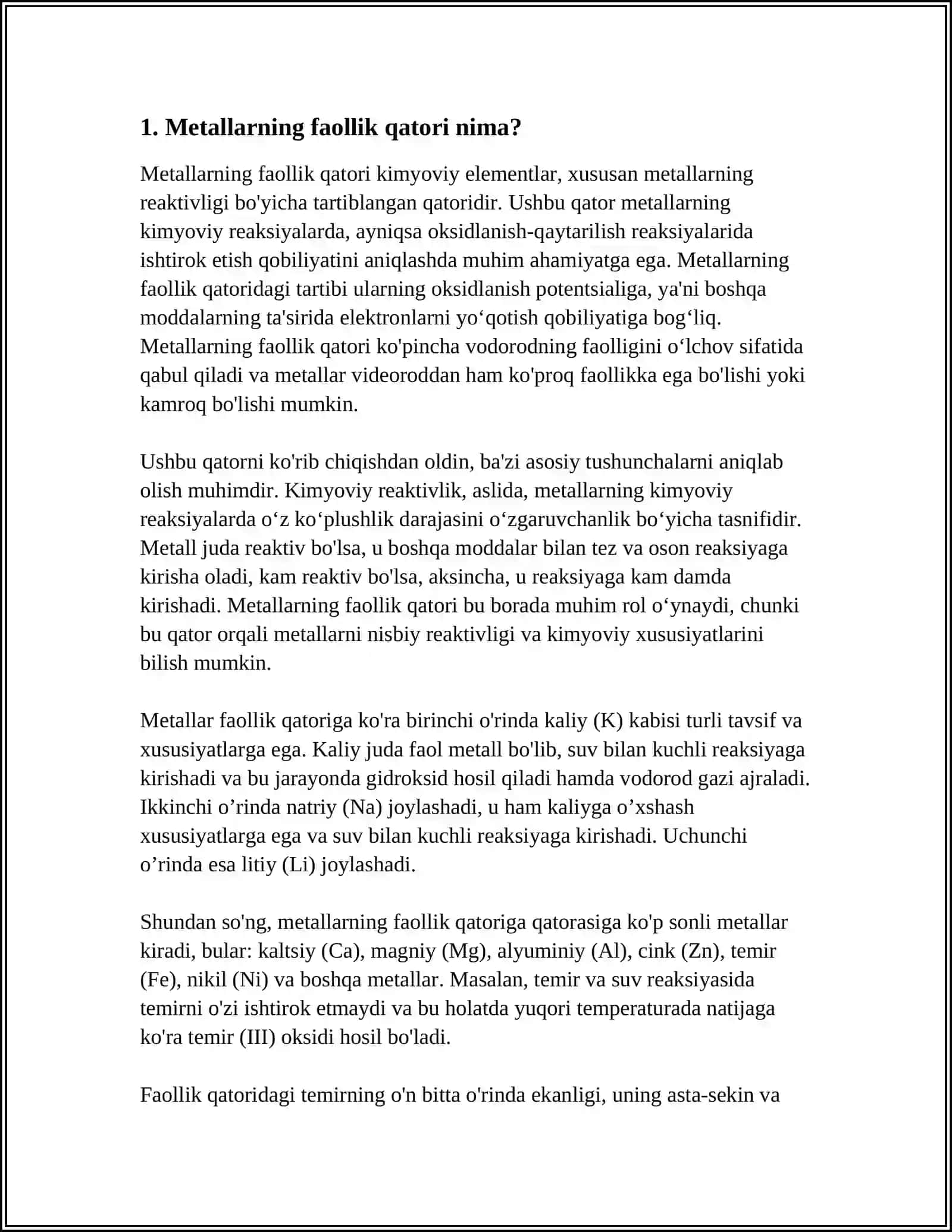 METALLARNING AKTIVLIK QATORIGA DOIR TAJRIBALAR. METALLARNING AKTIVLIK QATORINI TAQQOSLASH 4