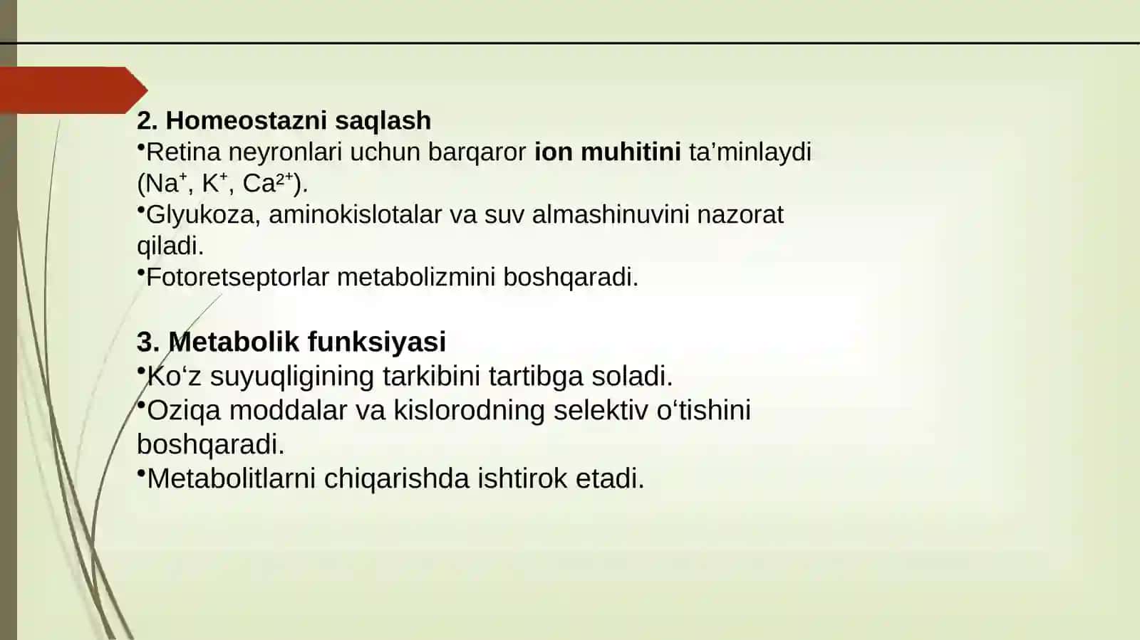 Gematooftalmik to‘siq – ko‘z to‘qimalarining ichki muhitini qontarkibidagi o‘zgarishlardan himoya qiluvchi fiziologik to‘siqdir 4