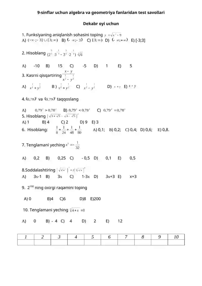 9-sinflar uchun algebra va geometriya fanlaridan test savollari (sentabrdan maygacha) 4
