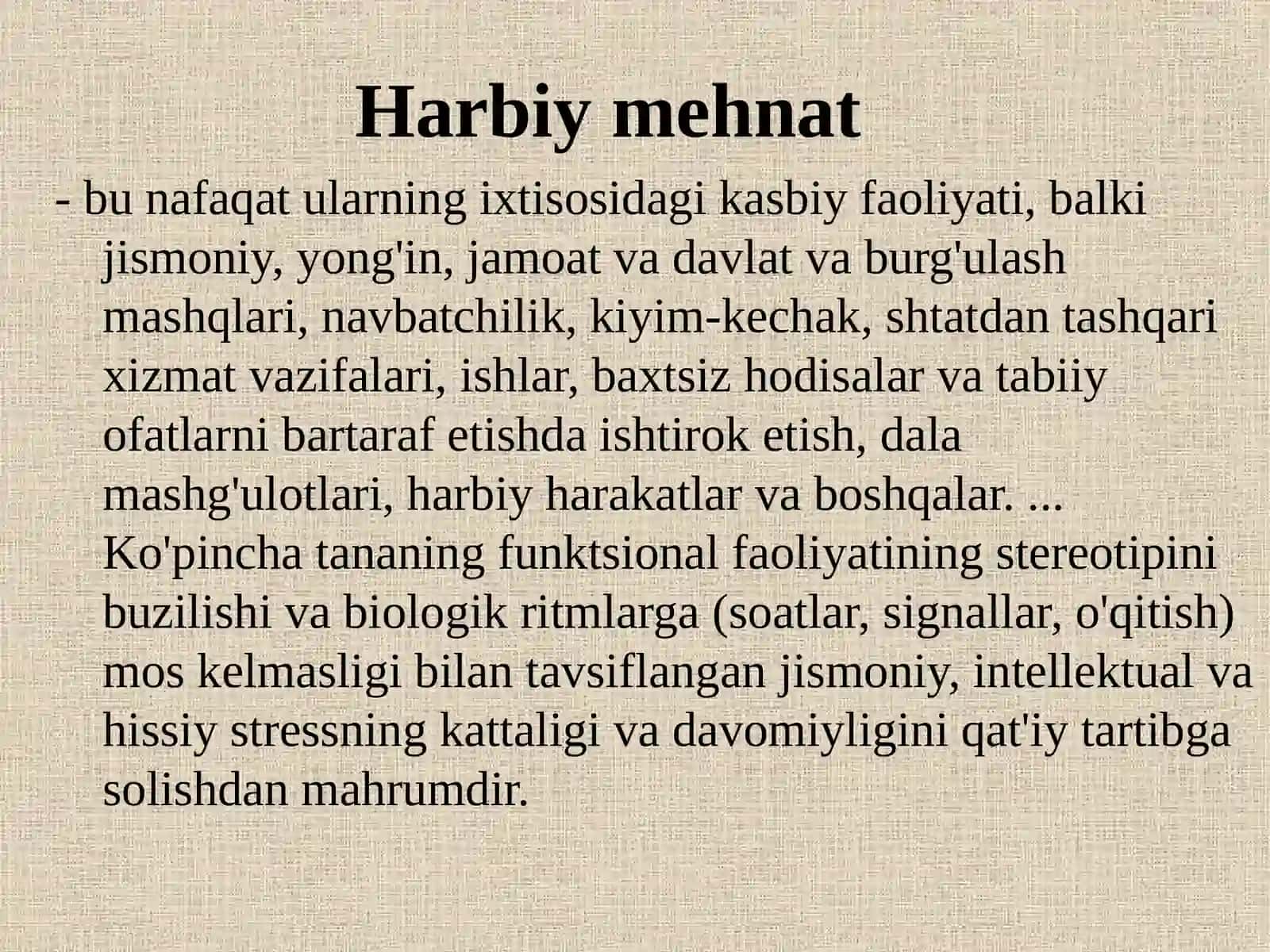 Harbiy xizmatchilarning ish sharoitlari ustidan sanitariya nazorati. Harbiy xizmatchilar tanasiga salbiy ta'sir ko'rsatadigan omillar 4