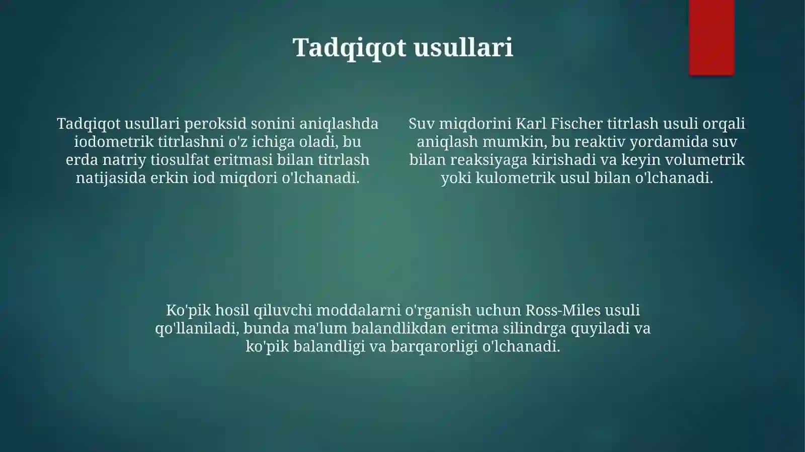 Suv va ko'pik moddalari miqdorini o'rganish tarkibidagi peroksid sonini aniqlash 4