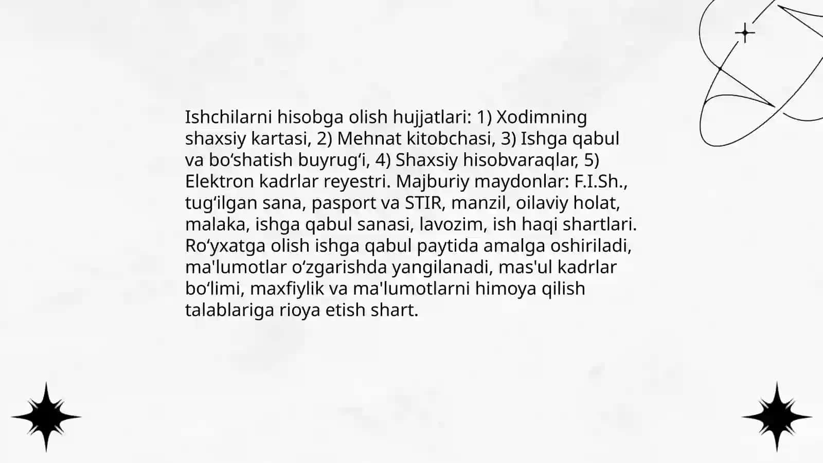 Mehnat va ish haqi hisobini dastlabki hujjatlarda rasmiylashtirish hamda umumlashtirish 4