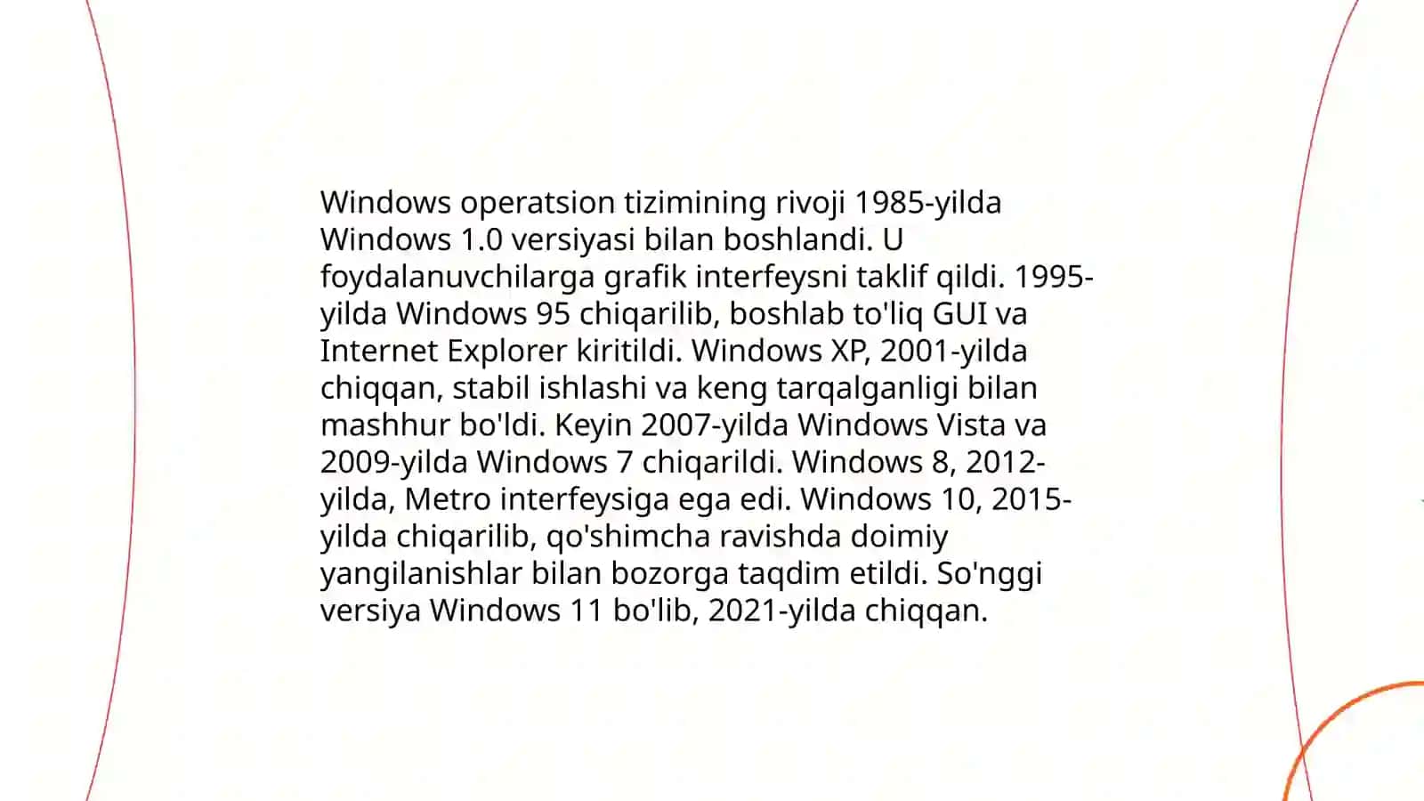 Windows operatsion tizimini tarixi va unda ishlash asoslari. Papka va yangiliklar yaratish.sozlash ishlarini amalga oshirish Maʼlumot disklar va fleshkaga koʻchrish usullarni axborot larni arxivlash 4