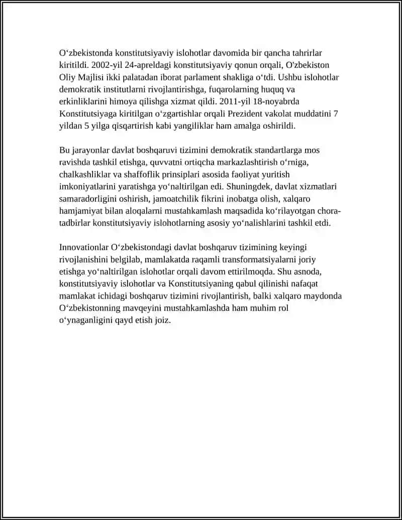 MUSTAQILLIK YILLARIDA DAVLAT BOSHQARUVI TIZIMIDA AMALGA OSHIRILGAN ISLOHOTLAR 4