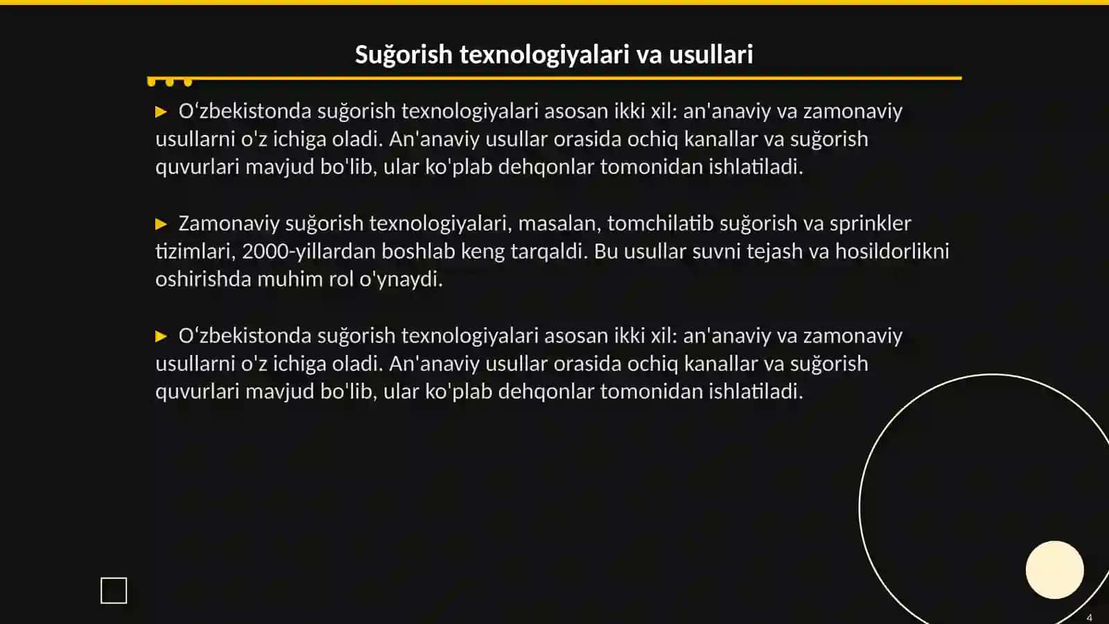 Oʻzbekistonda suğoriladigon yerlardan foydalanish va uning hozirgi holati 4