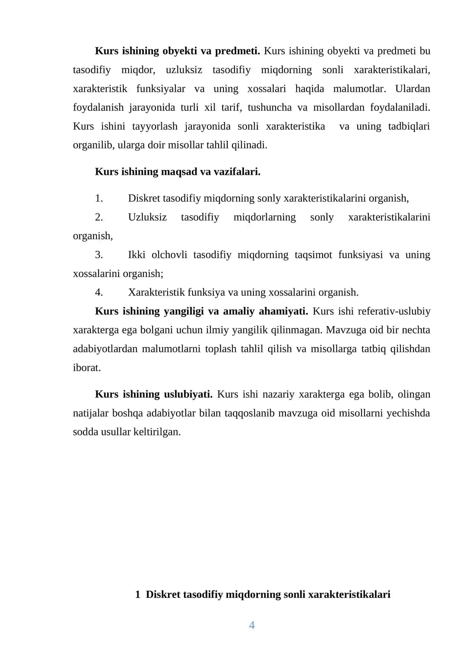 Kurs ishi "Xarakteristik funksiyalar ta’rifi va sodda xossalari" 4