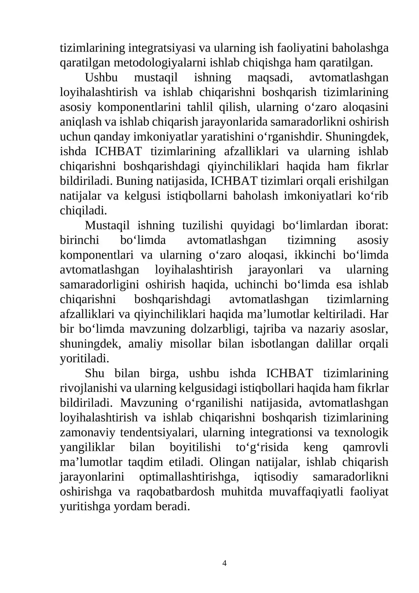 Avtomatlashgan loyihalashtirish va ishlab chiqarishni boshqarishning avtomatlashgan tizimi (ICHBAT) 4