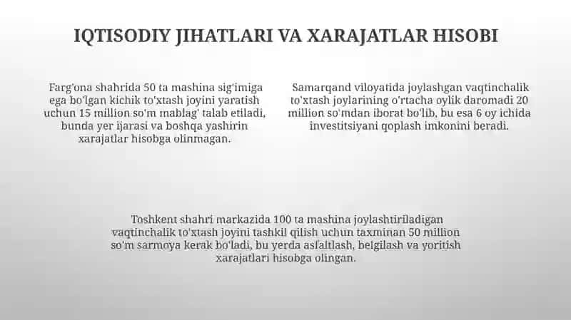 Shahar Ko'chalari va Yo'llarida Vaqtinchalik Avtoturargohlarni Joylashtirish 4