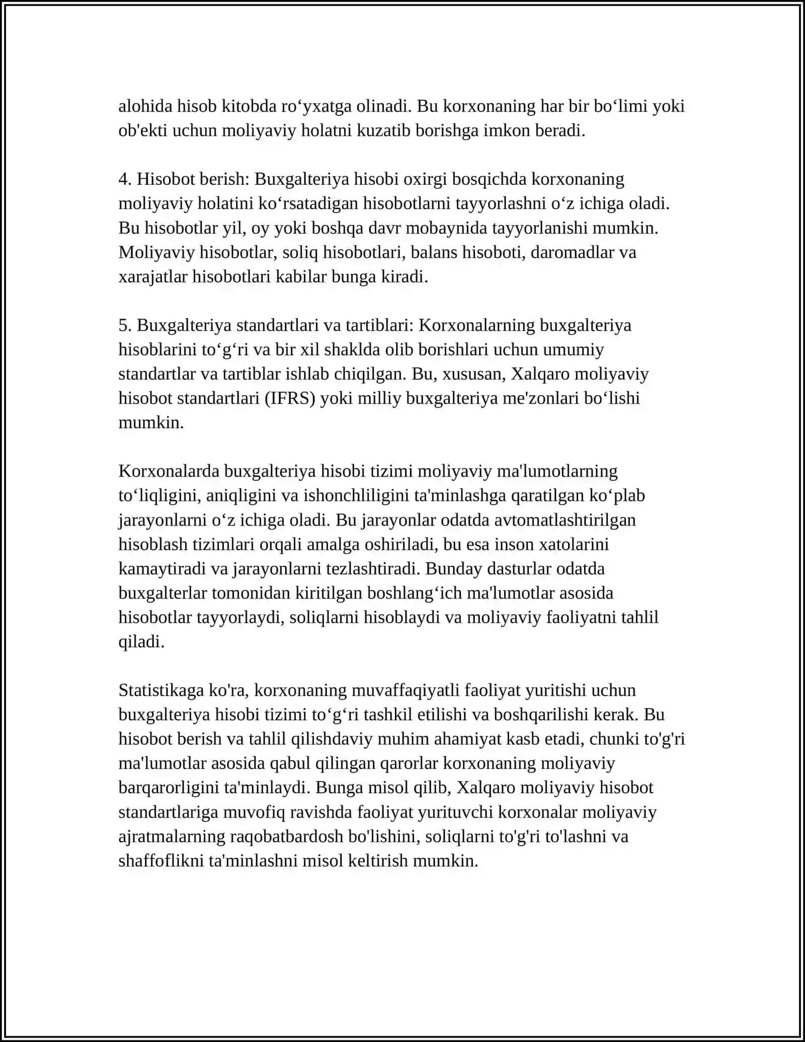 MUSTAQIL ISH Mavzu: KORXONADAGI BUXGALTERIYA HISOBI TIZIMINING TUZILISHINI TEKSHIRISH 4