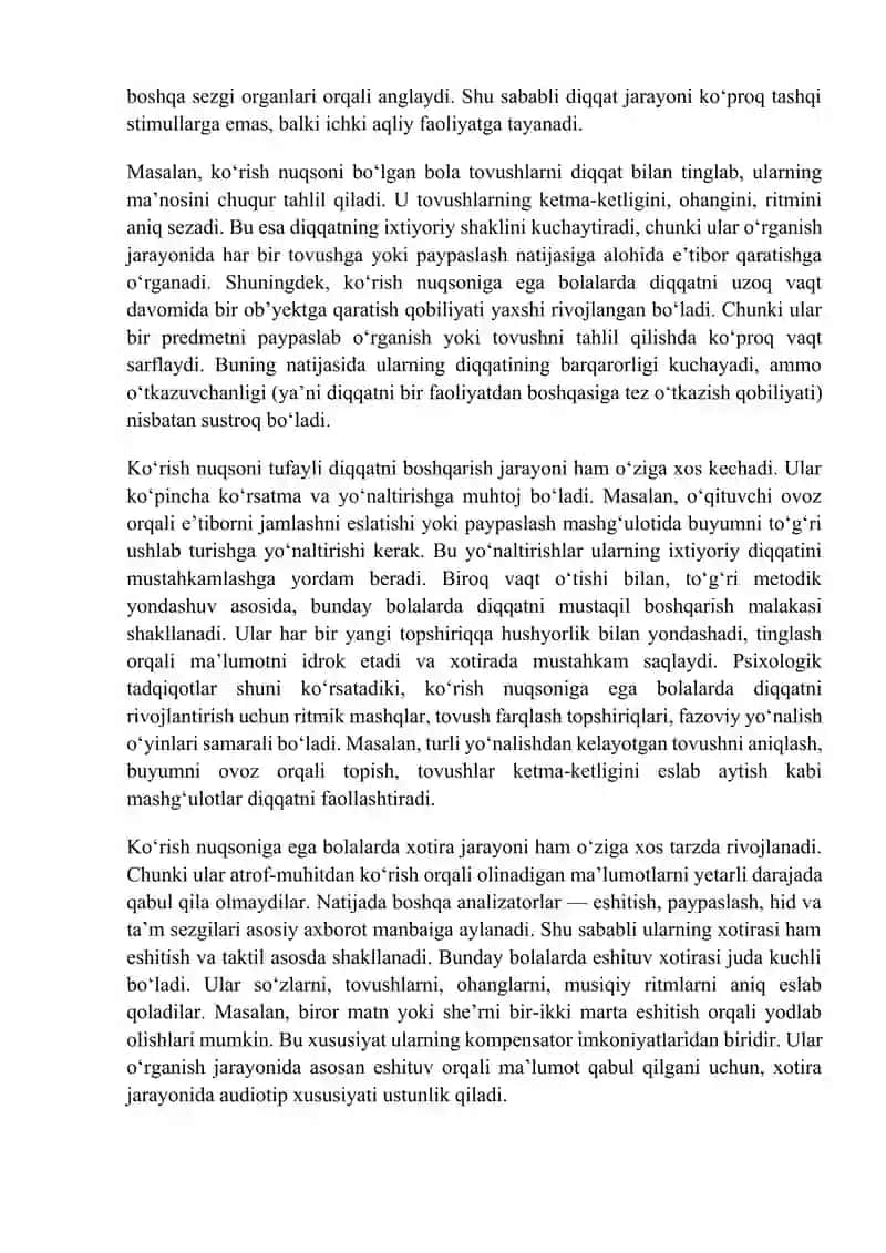 Ko‘rish nuqsoniga ega bolalar sezgi va idrok, diqqat va xotirasining o‘ziga xosligi. 4