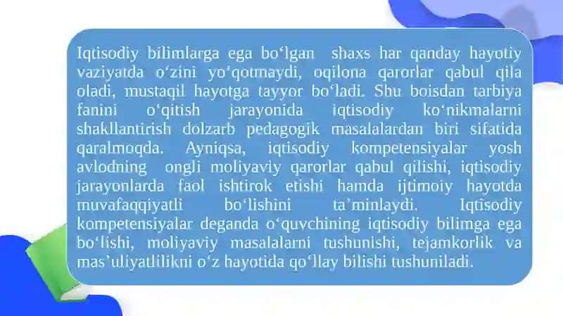 TARBIYA FANI O‘QITISH JARAYONIDA O‘QUVCHILARDA IQTISODIY KOMPETENSIYALARINI SHAKLLANTIRISH YO‘LLARI 4