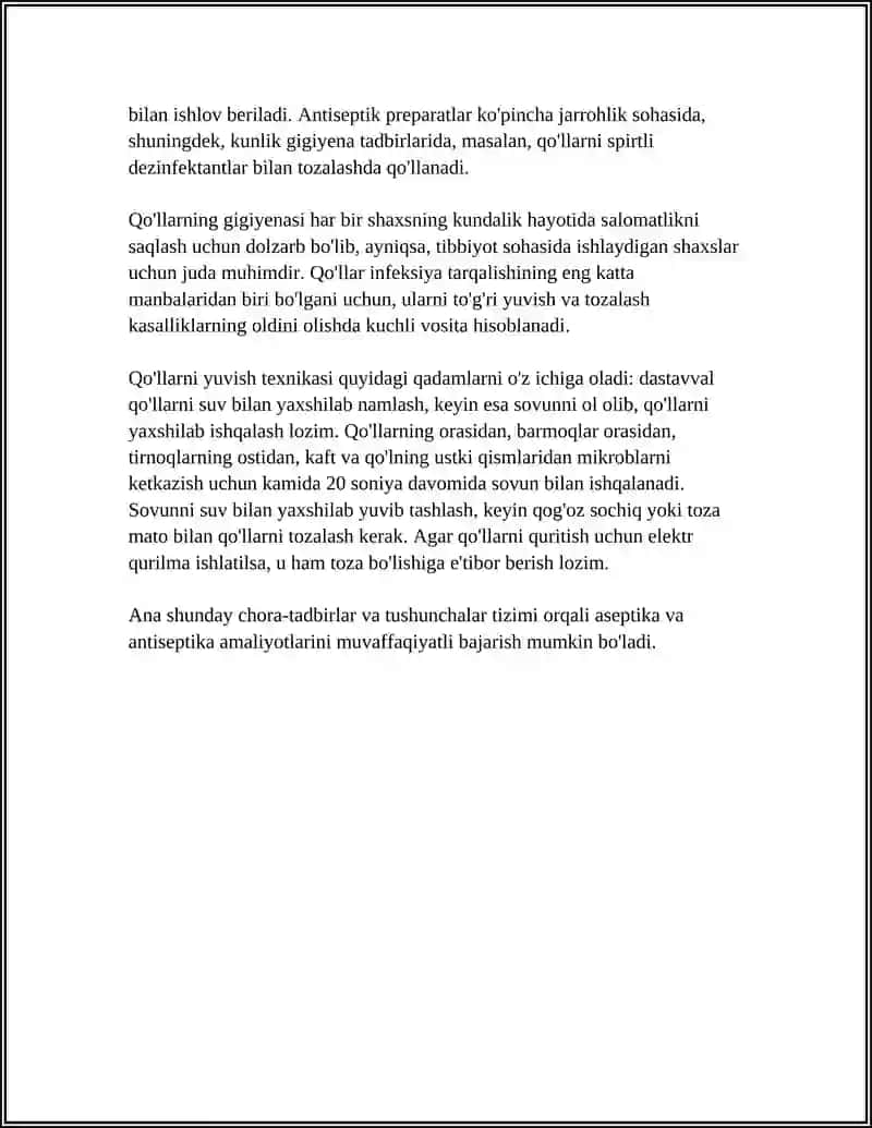 ASEPTIKA VA ANTISEPTIKA TAMOYILLARI.QO‘LLAR GIGIYENASI.QO‘LLARNI YUVISH TEXNIKASI 4