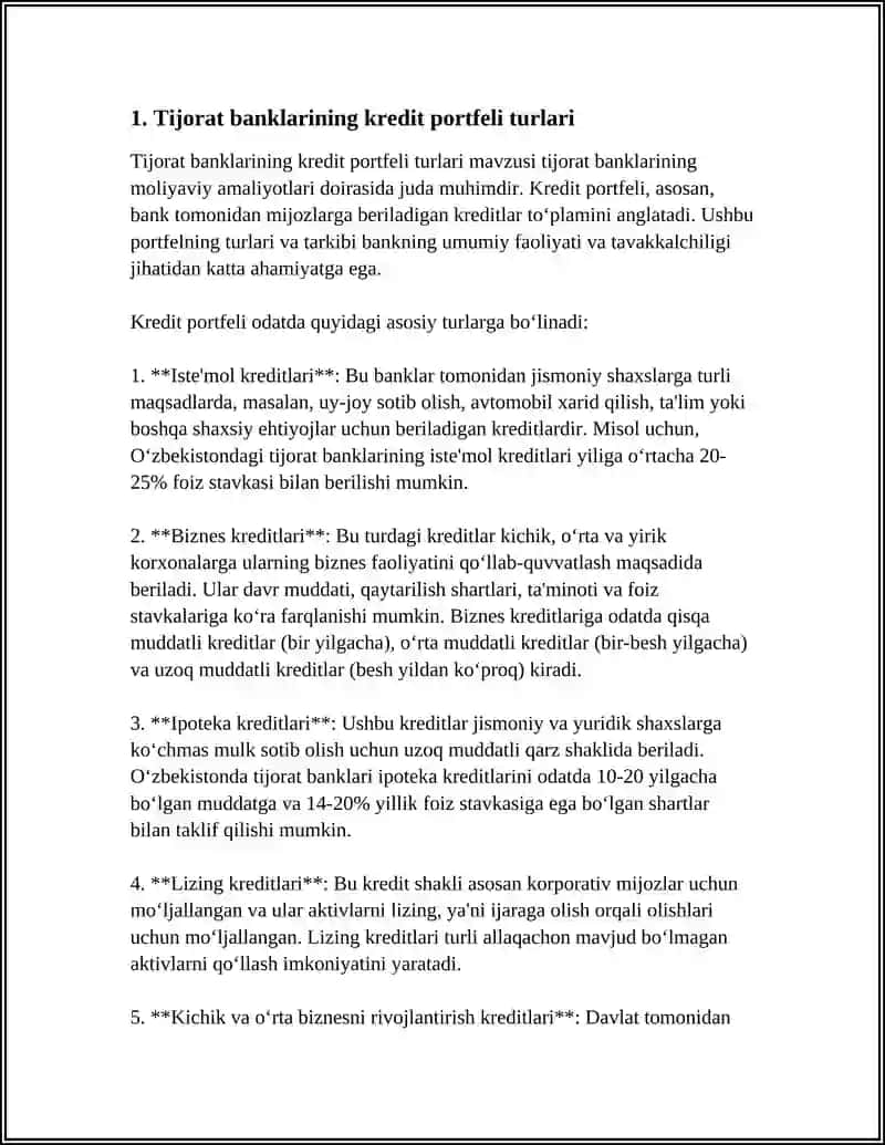 TIJORAT BANKLARNING KREDIT PORTFELI VA ULARNI BOSHQARISH 4