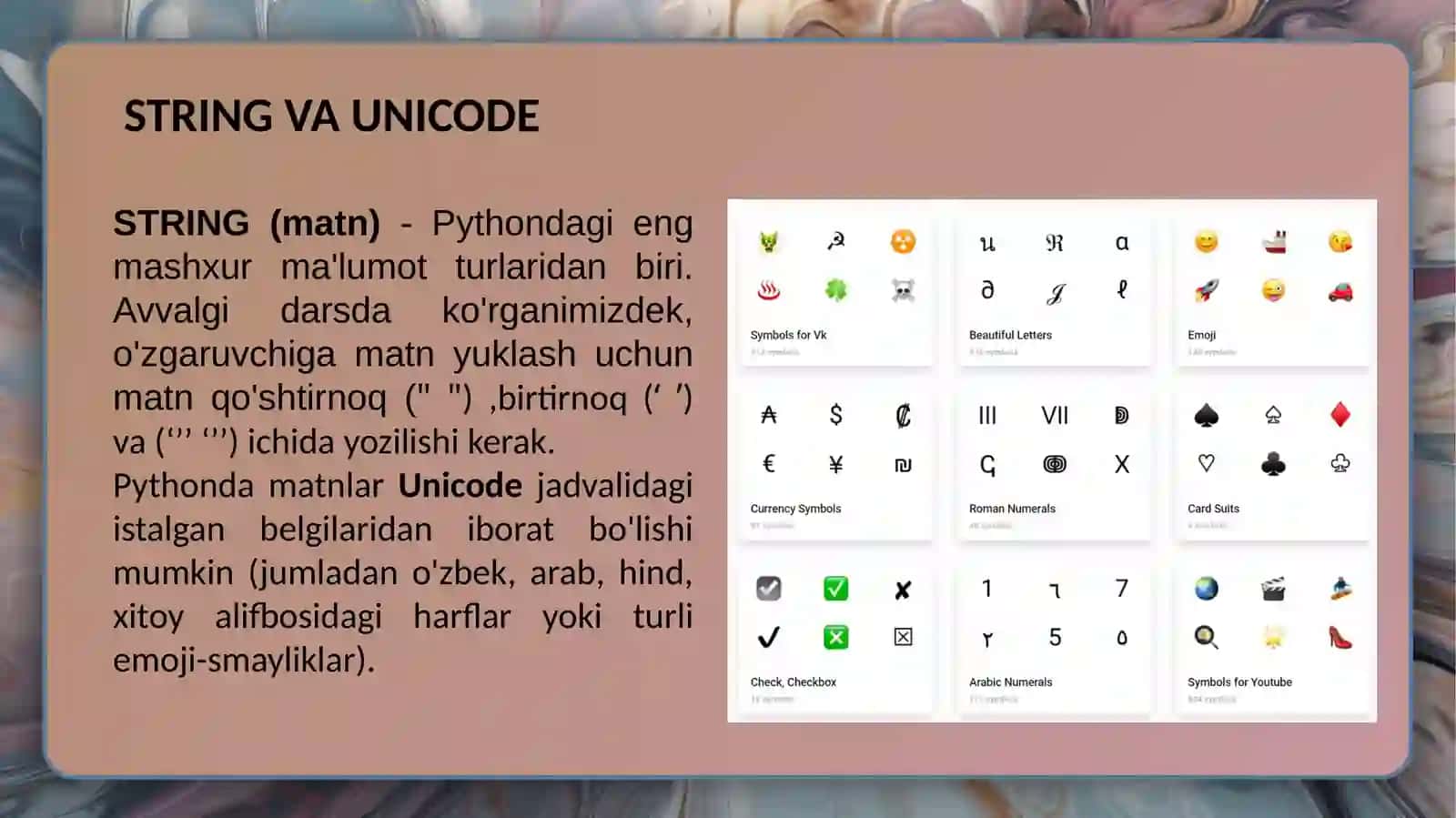 PYTHONDA STRING VA LIST MA’LUMOT TURLARI 4