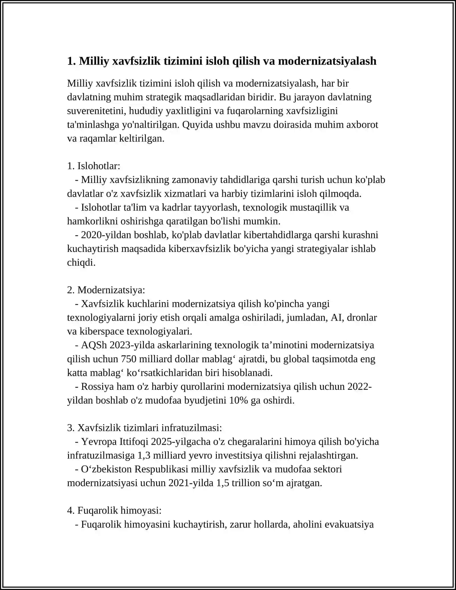 MILLIY XAVFSIZLIKNI TA'MINLASH BORASIDA AMALGA OSHIRILAYOTGAN ISLOHOTLAR 4