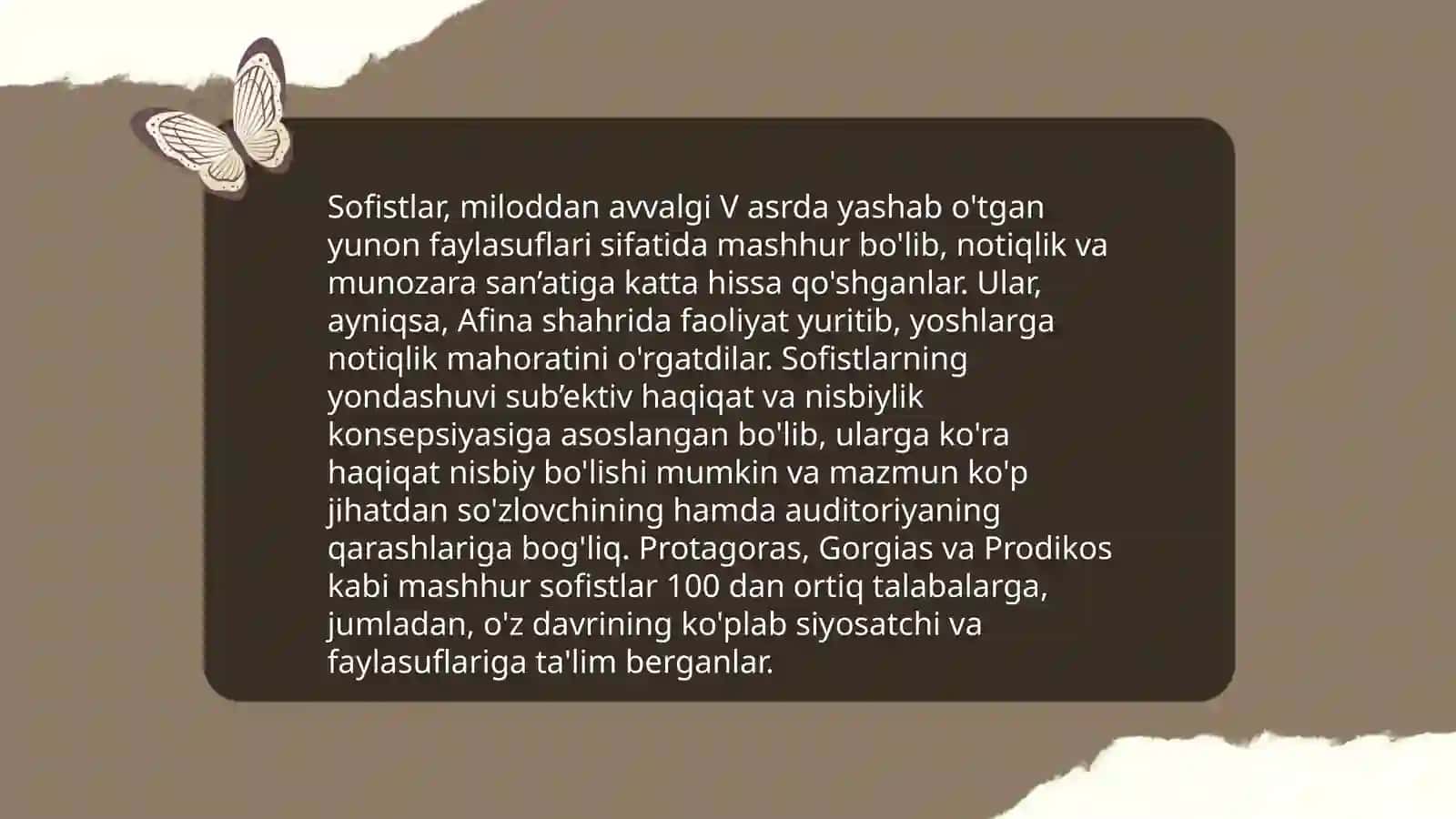 Sofistlar, ularning notiqlik san'ati rivojidagi xizmatlari. Alisher Navoiy ijodida nutq madaniyati va notiqlik san'ati masalalari talqini 4