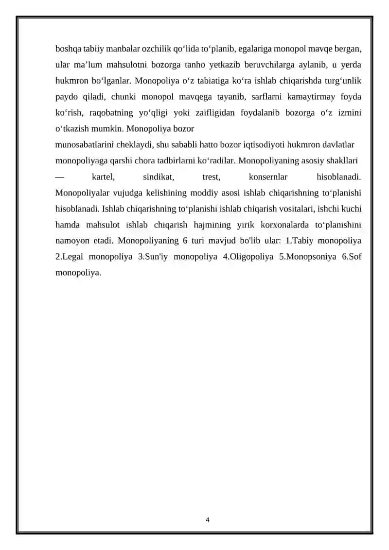 Monopoliyalar, ularning amal qilish va tartibga solish xususiyatlari 4