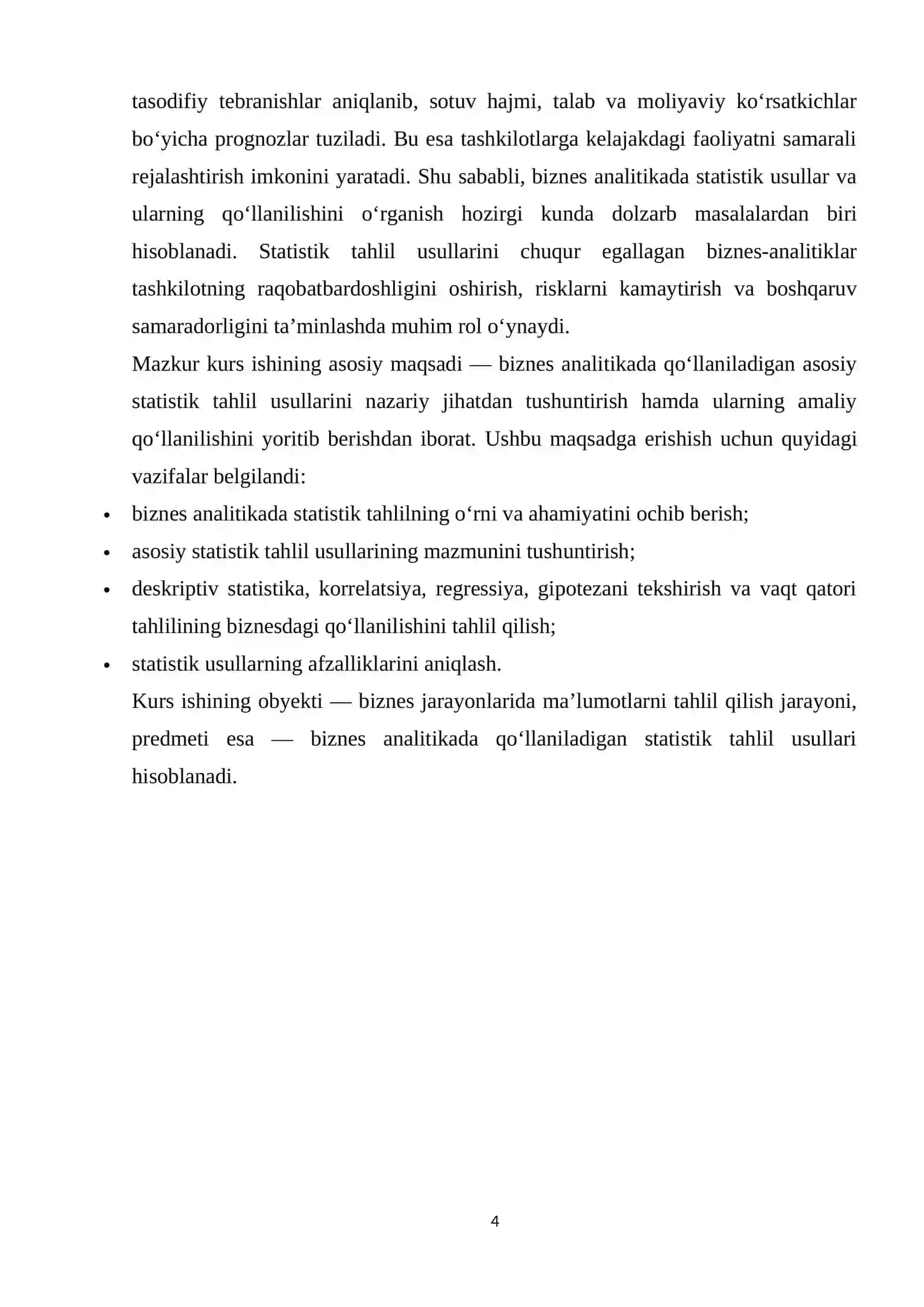 Biznes analitikada statistik usullar va ularning qo‘llanilishi – asosiy statistik tahlil usullarini tushuntirish. 4