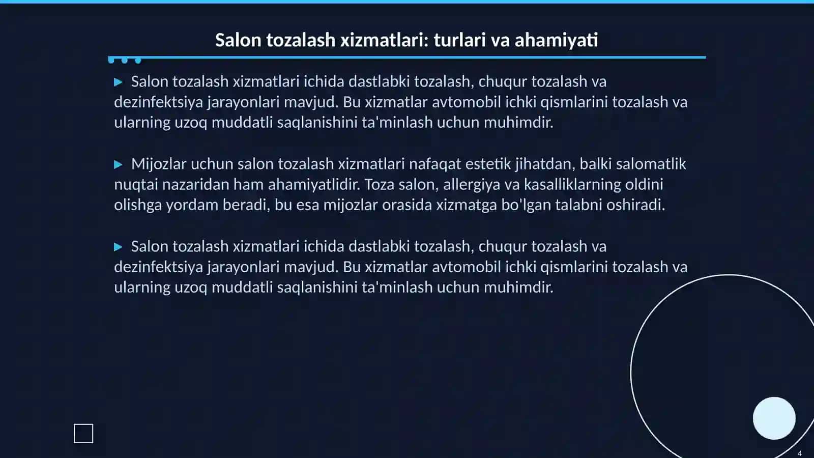 Zamonaviy quruq va suvli yuvish, salon tozalash va avtomobil ko'rinishini tiklash (detayling) xizmati 4