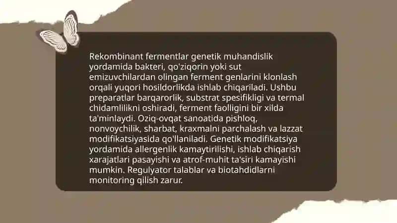 Oziq ovqat sanoatida fermentlar ishlatish bòyicha yangi texnalogik taklifi 4