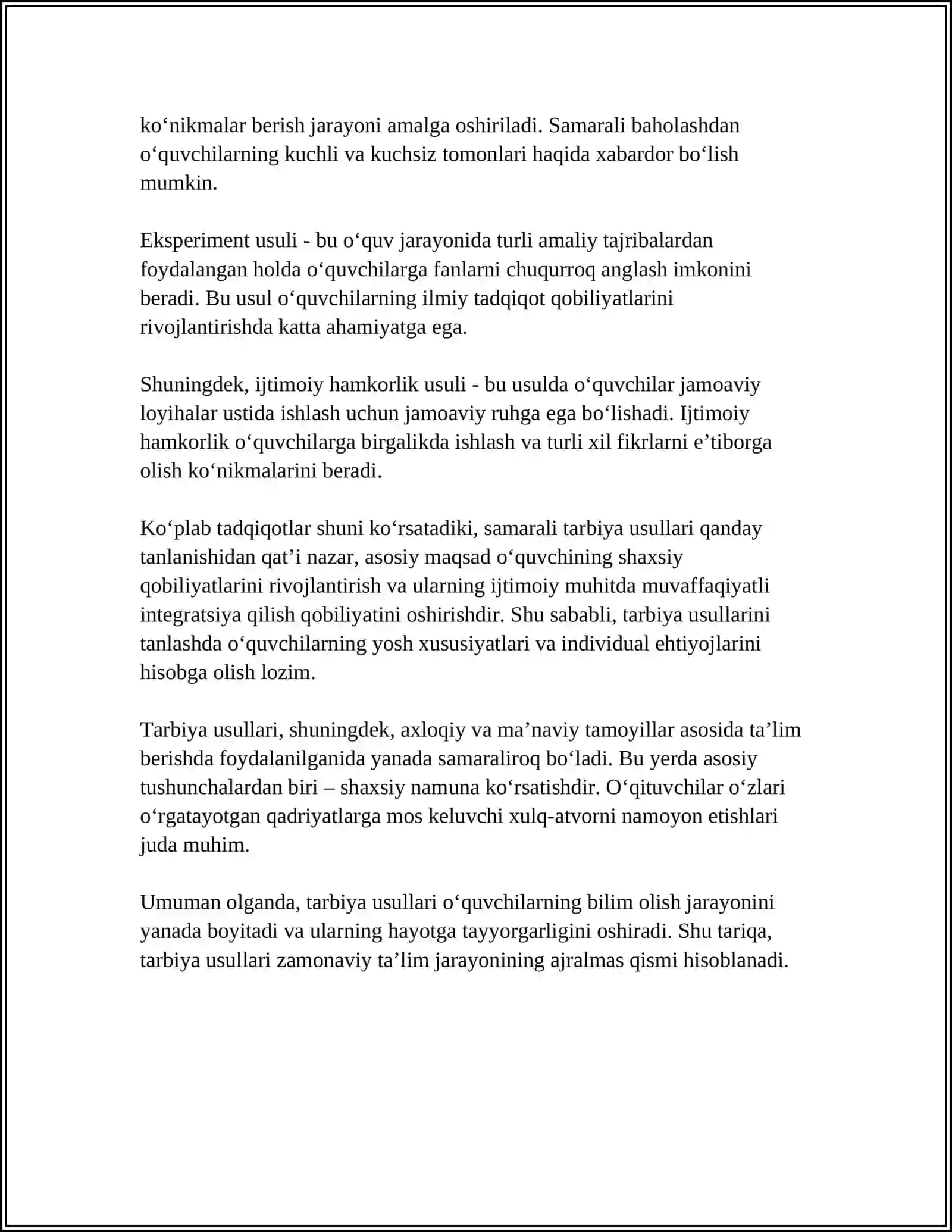 TARBIYA USULLARI VA SHAKLLARI. TARBIYA USULLARINI TANLASHGA QO’YILADIGAN TALABLAR 4