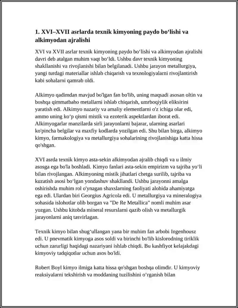 TEXNIK KIMYONING XVI VA XVII ASRLARDAGI BOSHLANGʻICH QADAMLARI. METALLURGIYA, TEXNIK KIMYO NAMOYONDALARI VA YUTUQLARI. SANOAT REVOLYUSIYASIGACHA KIMYOVIY HUNARMANDCHILIKNING RIVOJLANISHI 4