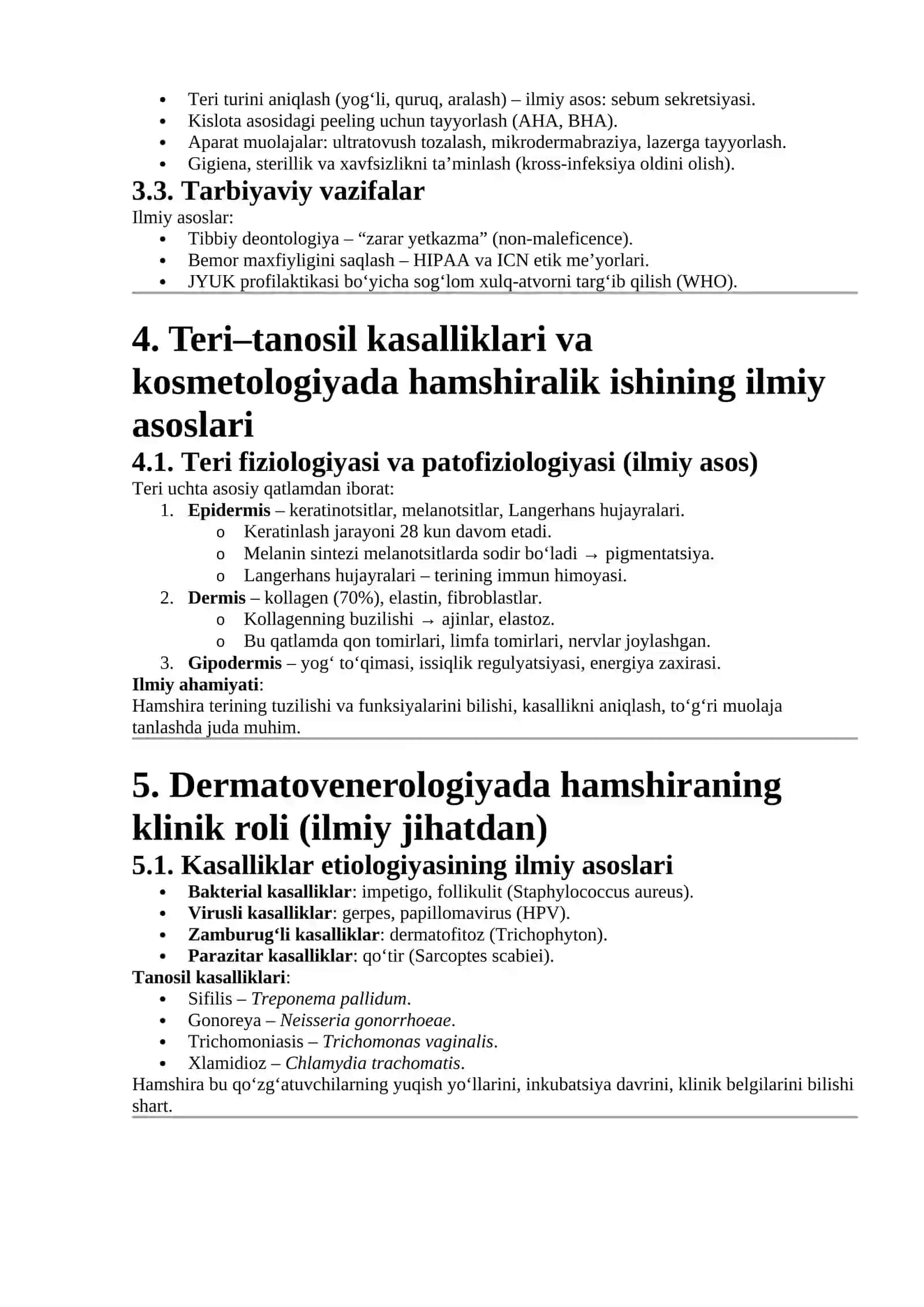 Teri tanosil kasalliklari va kosmetologiyada hamshiralik ishi modulining rivojlanish tarixi, maqsad va vazifalari 4