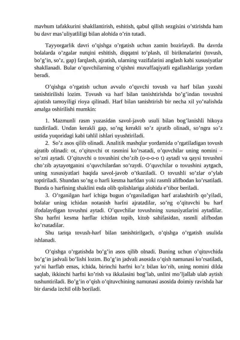 4-Mavzu: Savod o‘rgatish jarayoni bosqichlari. Savod o‘rgatishda tayyorlov davri, bu bosqichdagi o‘qish va yozuv darslarining mavzulari hamda ish turlari. 4