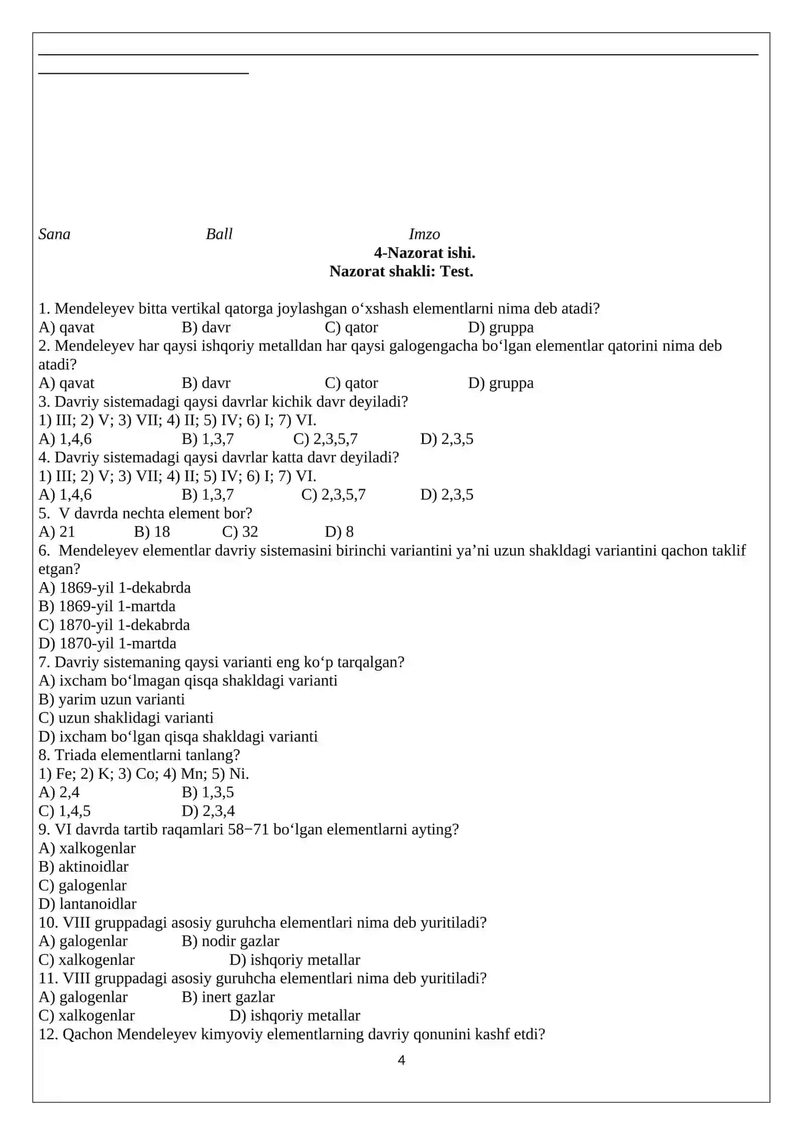 7-sinf kimyo nazorat ishi daftar 4