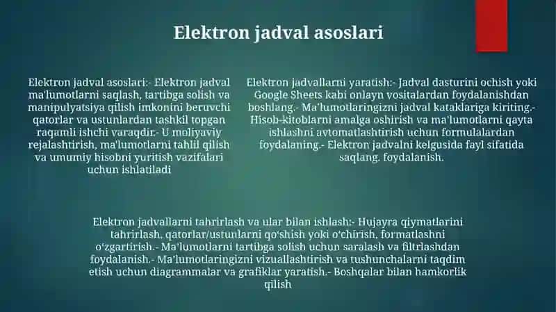 Elektron Jadvallar Yaratish Va Qayta Ishlash 4