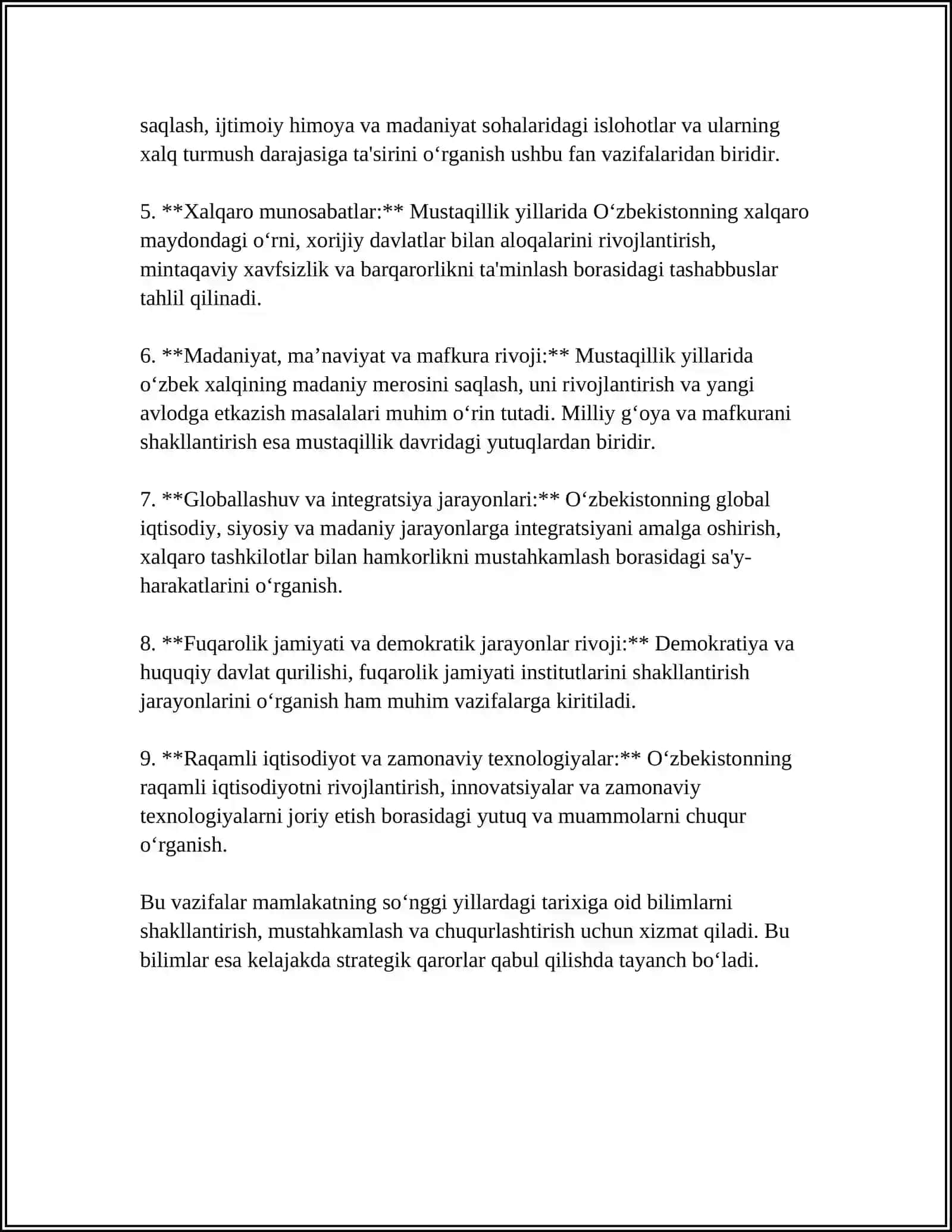 MUSTAQIL ISH Mavzu: ÒZBEKISTONNING ENG YANGI TARIXI FANINING ÒQUV PREDMETI VAZIFALARI 4