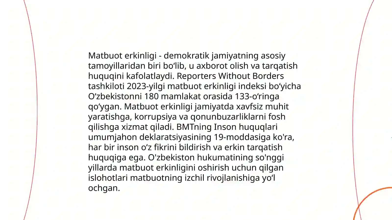 O'zbekiston Respublikasida ommaviy axborot vositalarining faoliyati. Yangi O'zbekistonda inson haq huquqlari va erkinliklar kafolatining yaratilishi Rejepova Asal 4