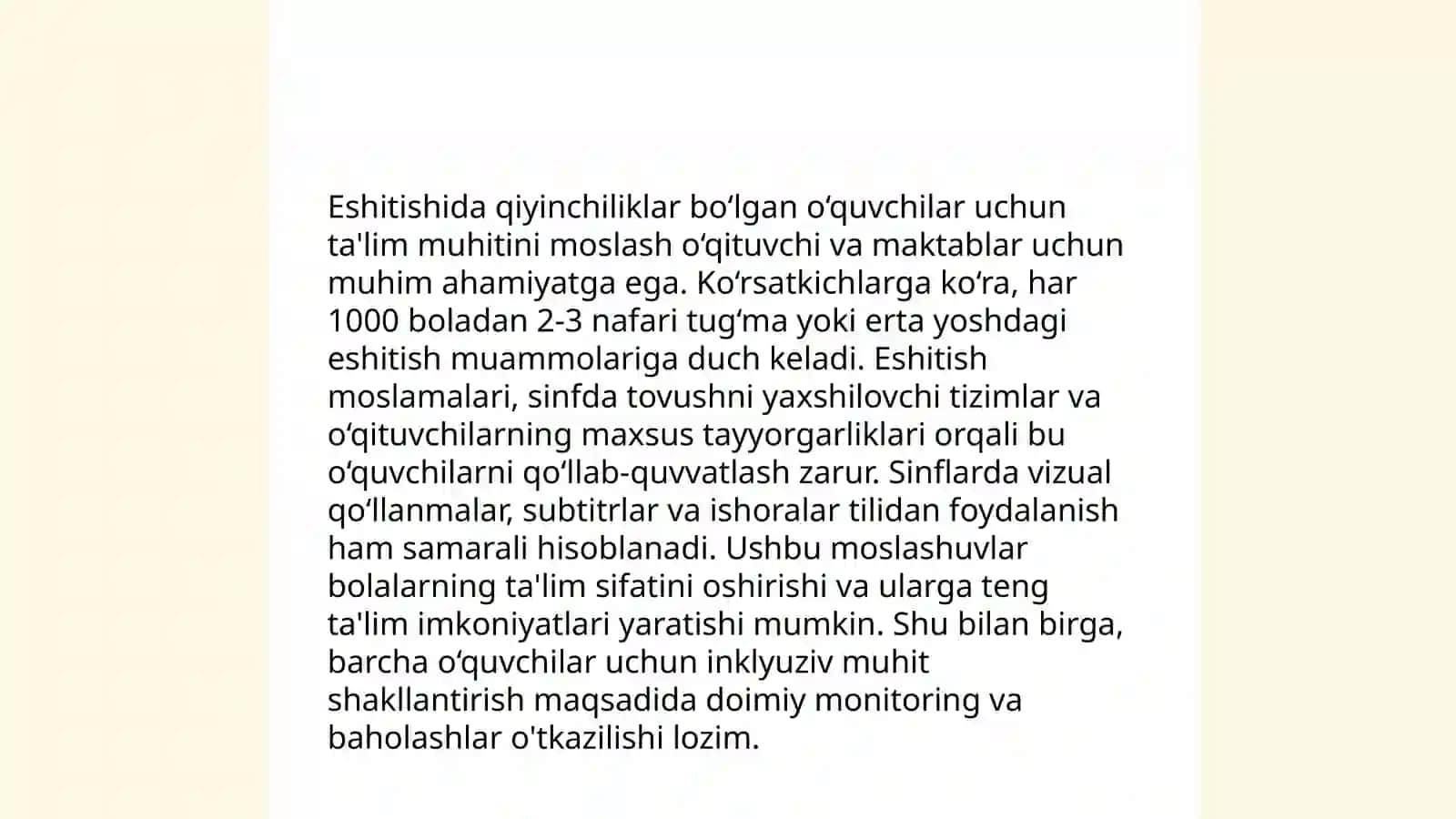 Koʻrishda eshitishida va yengil darajadagi aqliy rivojlanishda muommosi boʻlgan bolalar inklyuziv taʼlimda sinf xonalari va dars jarayoniga moslashishi 4