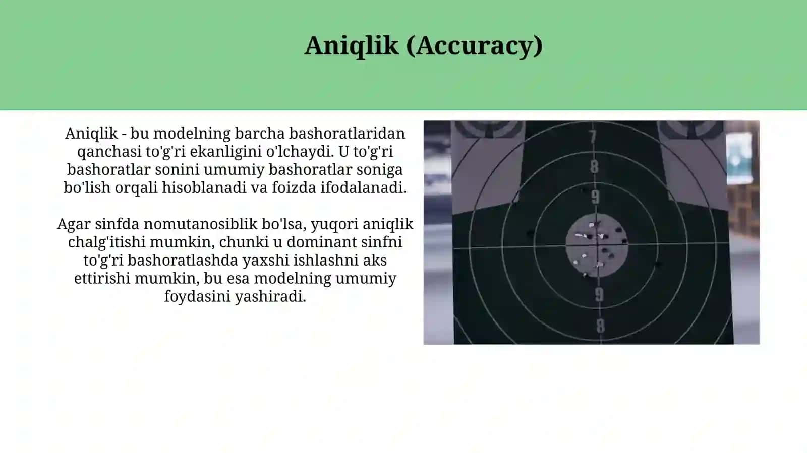 Klassifikatsiya modellarini baholash (accuracy, precision, recall) 4