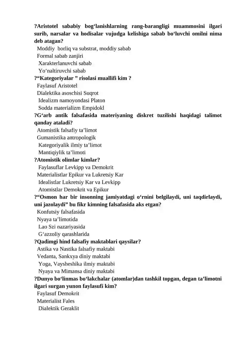 "Falsafa" fanidan yakuniy nazorat uchun test savollari 4