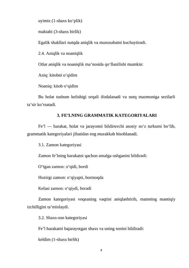 MORFOLOGIK TAHLIL: OT VA FE’LNING GRAMMATIK KATEGORIYALARI 4