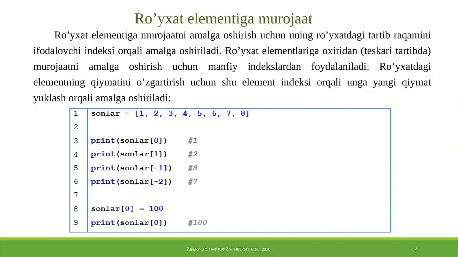 Ro`yxatlar va Pythondasturlash 4