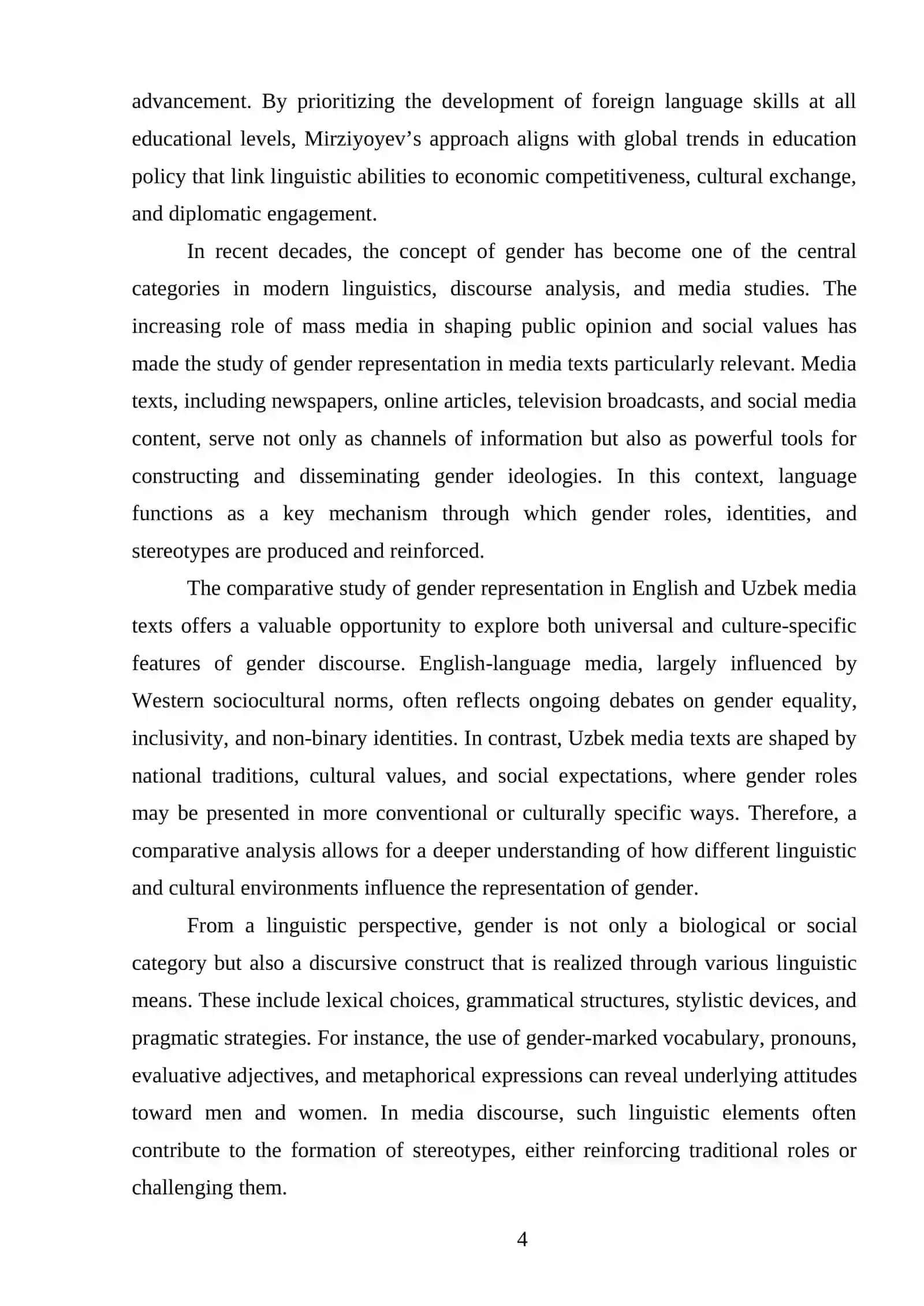 COMPARATIVE STUDY OF MEANS OF REPRESENTATION OF GENDER IN MODERN MEDIA TEXTS (ENGLISH AND UZBEK) 4