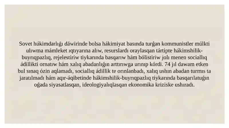 Ekonomikalıq reformalar, jeke menshiktiń qáliplesiwi. Ózbekstanda bazar qatnasıqlarınıń rawajlanıwı 4
