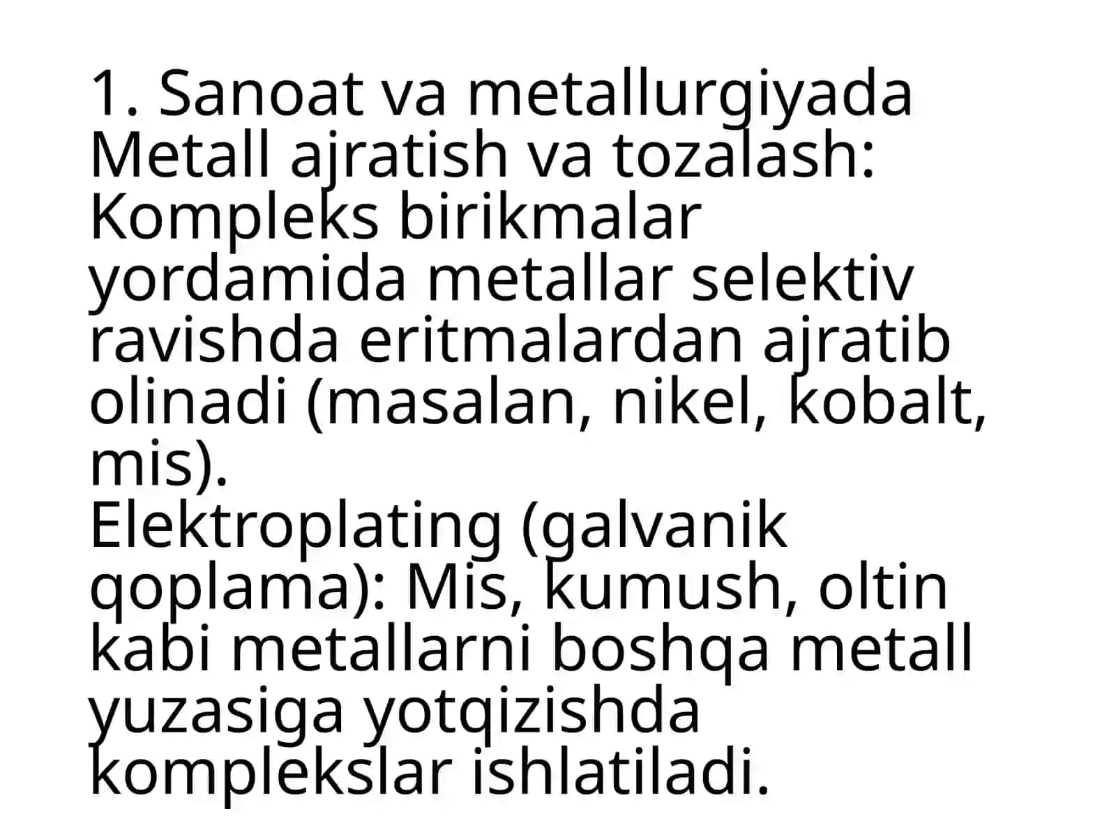 Kompleks birikmalarning qòllanilish sohalari:analitik va organik kimyo ,bionoorganika,kimyoviy texnologiya ,metallkompleksli katalizatorlar 4