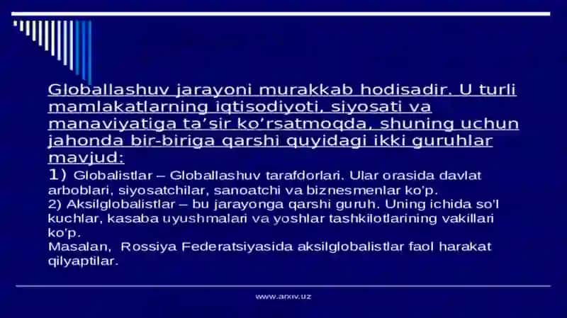 Globallashuv, globalistika va barqaror taraqqiyot tushunchalarining o’zaro a’loqasi va farqi 4