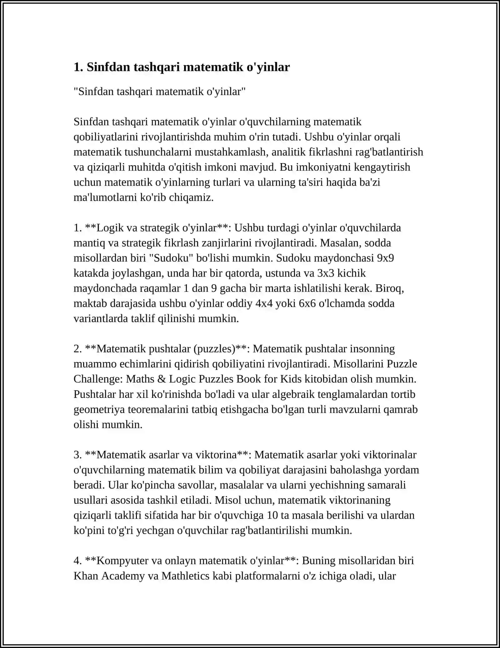Sinfdan tashqari matematik o'yinlar 4