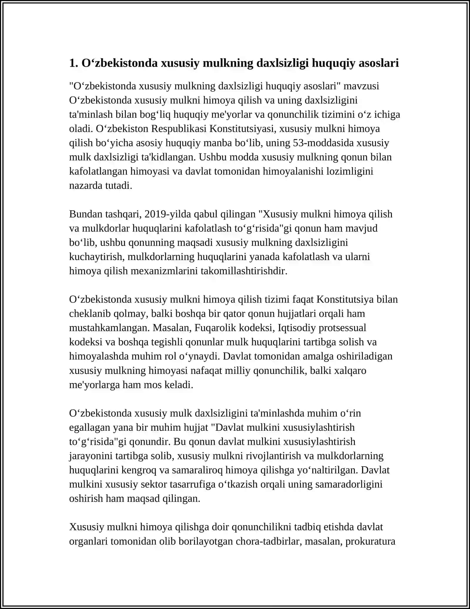 O‘ZBEKISTON RESPUBLIKASI IQTISODIY TIZIMI.XUSUSIY MULKNING DAXLSIZLIGI HAMDA DAVLAT TOMONIDAN MUHOFAZA QILINISHI 4