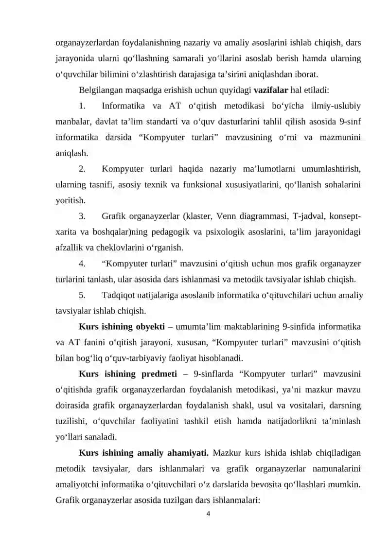 Informatika oʻqitish metodikasi fanidan 9-sinflarda "Kompyuter turlari" mavzusini oʻqitishda grafik organayzerlardan foydalanish 4