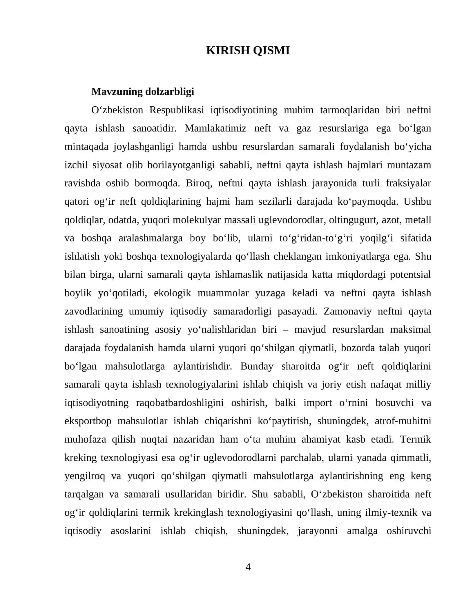 Neft og‘ir qoldiqlarini yuqori qo‘shilgan qiymatli mahsulotlarga aylantirishda termik kreking texnologiyasi. Reaktor hisobi 4