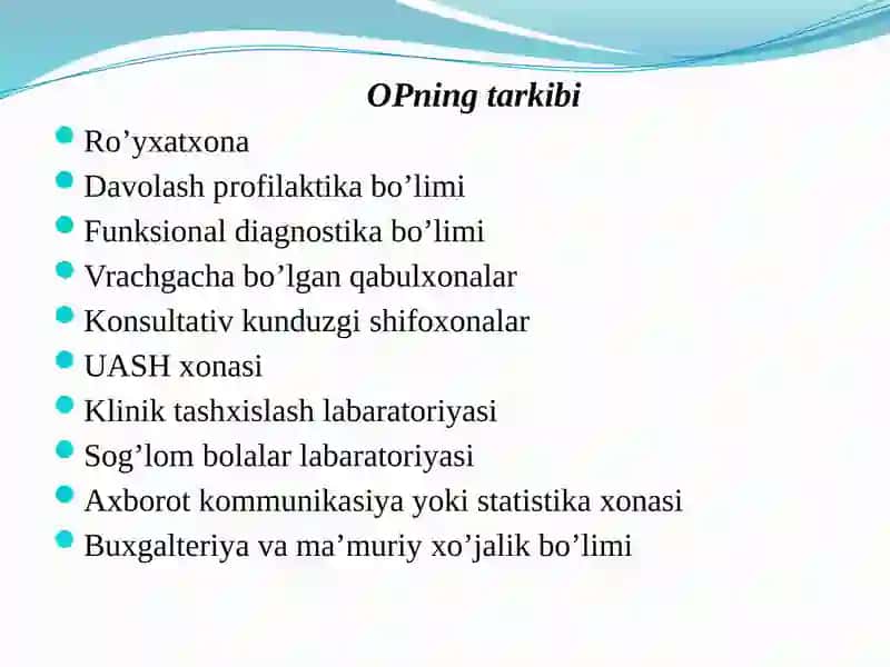 Sog‘liqni saqlash tizimida birlamchi tibbiy sanitariya yordamni tashkil etish. SHaxar va qishloq aholisiga tibbiy yordamni tashkil etish 4