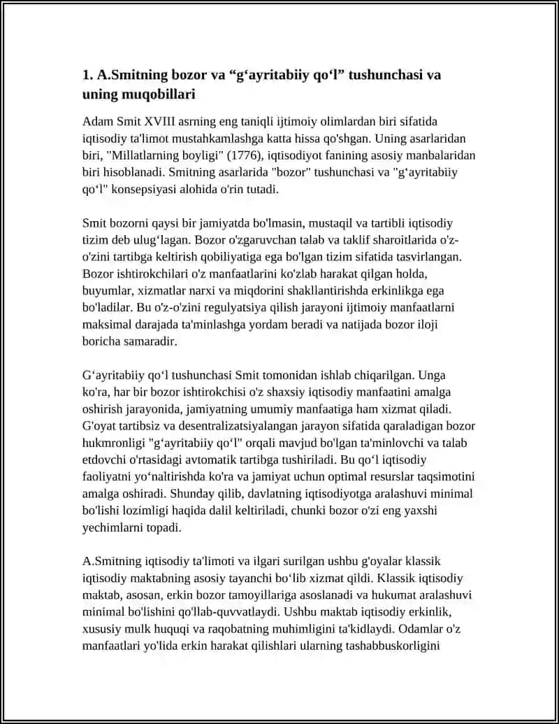 A.SMITNING IQTISODIY TAʼLIMOTI.KLASSIK IQTISODIY MAKTABGA MUQOBIL GʻOYALARINING MOHIYATI 4