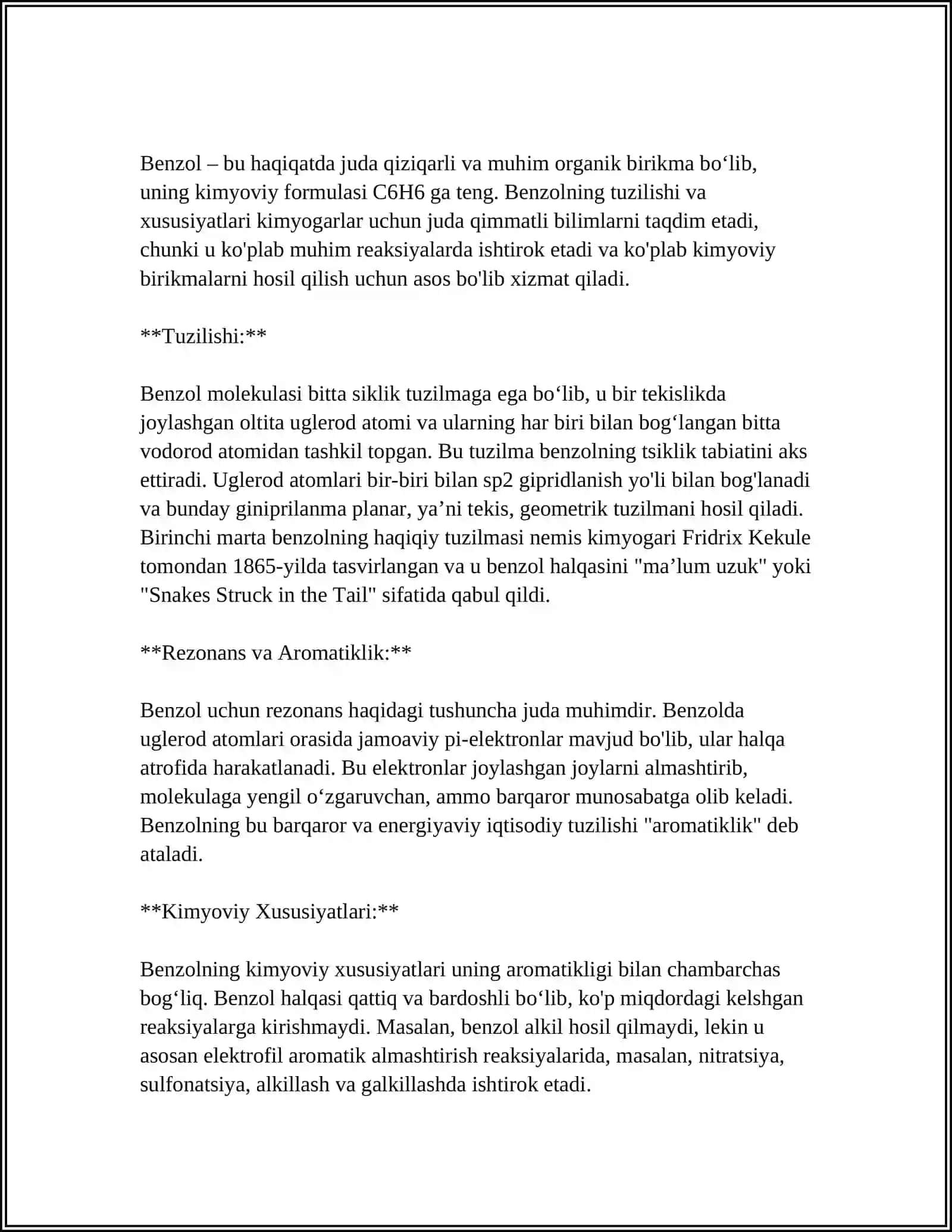 AROMATIK UGLEVODORODLAR ULARNING SINFLANISHI.BENZOL VA UNING GOMOLOGLARI OLINISHI XOSSALARINI ISHLATILISHI 4
